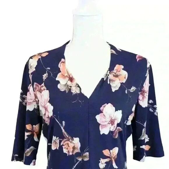 GILLI Navy Floral Midi Dress (Modcloth Brand) Short Sleeve V-Neck Stretch Size L - Picture 2 of 8